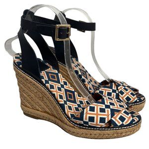 TORY BURCH Orange Blue Canvas Leather Espadrille Open Toe Strappy Wedge Heels 10